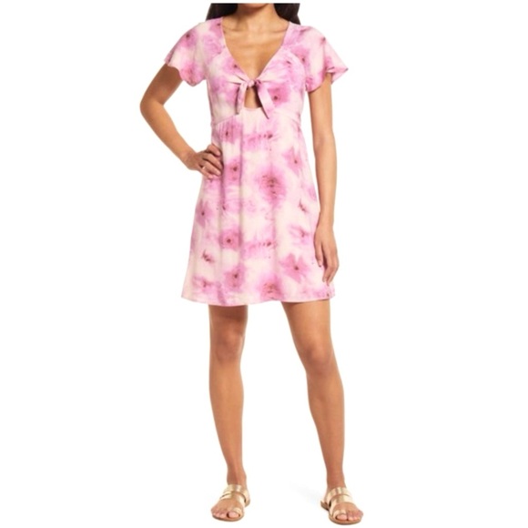 ABOUND Sweetheart Tie Neck Dress Women's Small Pink Abstract Short Sleeve Mini - Picture 12 of 14